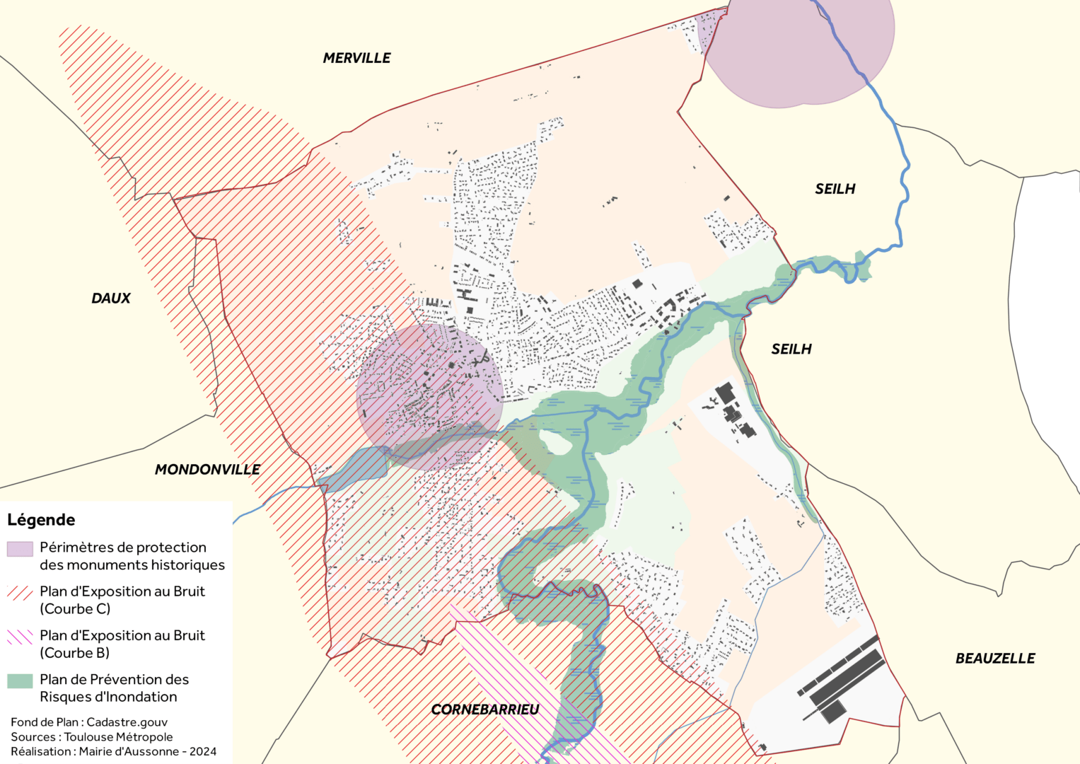 Les principales contraintes à l’urbanisation Territoire abritant du patrimoine remarquable, survolé par les avions et traversé par plusieurs cours d’eau, la commune d’Aussonne est confrontée à certaines prescriptions en matière d’urbanisme.